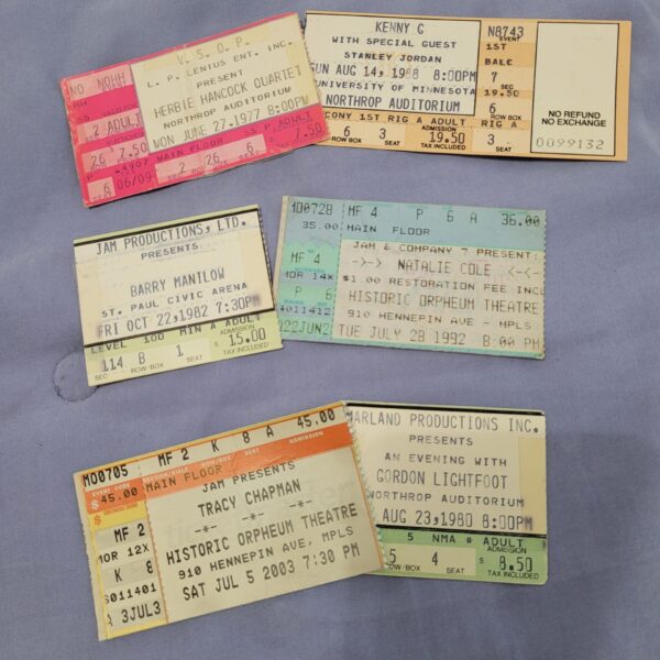 A collection of ticket stubs from DARTS Sue, ranging from 1977 - 2003